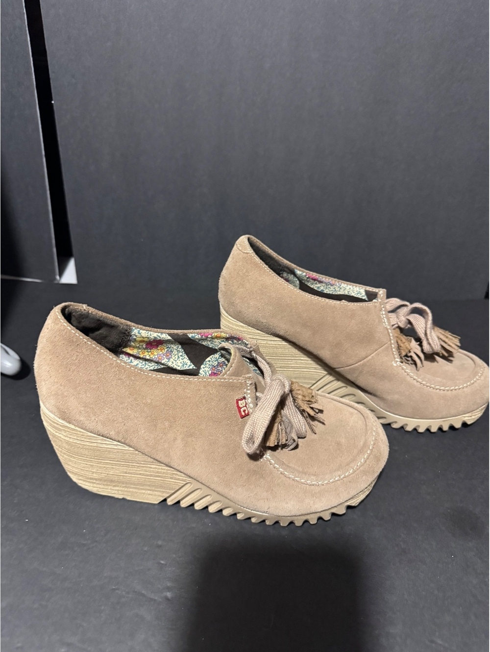 BC Beige Suede Wedge Loafers with Tassel Detail